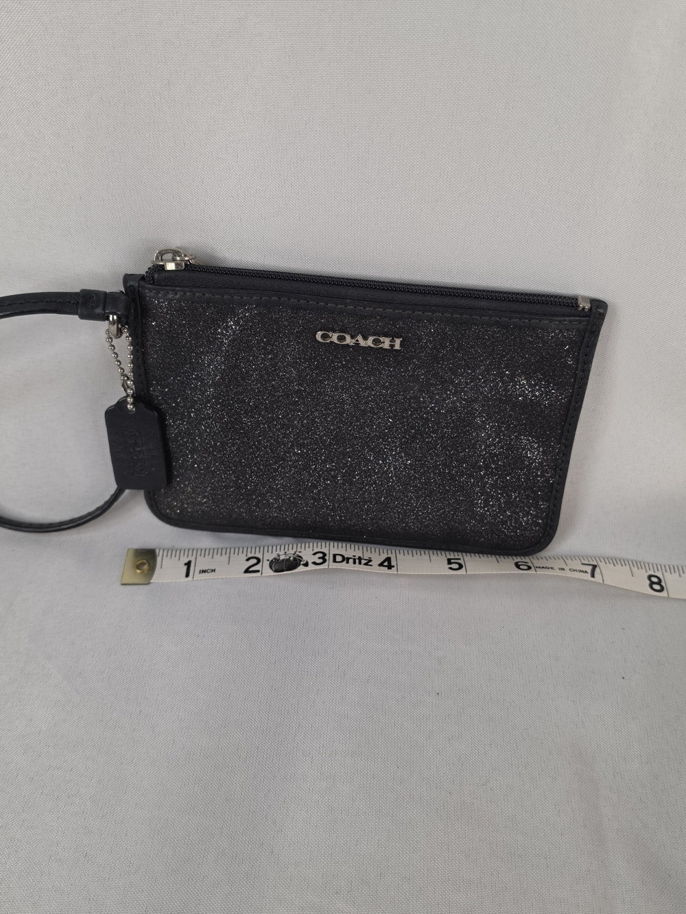 Coach Black Glitter Corner Zip Wristlet Small Silver Hardware Womens